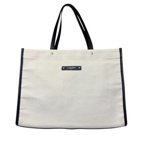 Lancôme Black Leather Logo Plaque on Cream Canvas Shoulder Tote Minimalist EUC